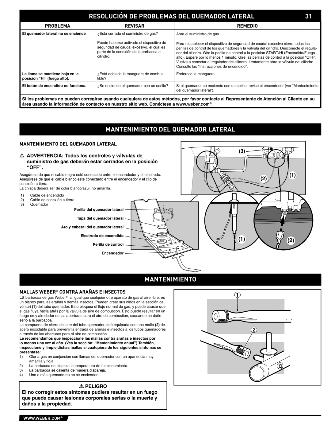 Weber E/S-320 manual Resolución DE Problemas DEL Quemador Lateral, Mantenimiento DEL Quemador Lateral 