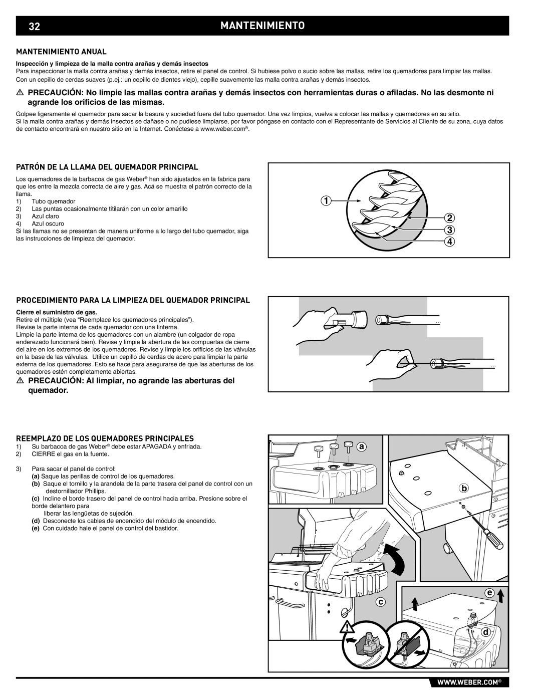 Weber E/S-320 manual 32MANTENIMIENTO, Mantenimiento Anual, Patrón DE LA Llama DEL Quemador Principal 