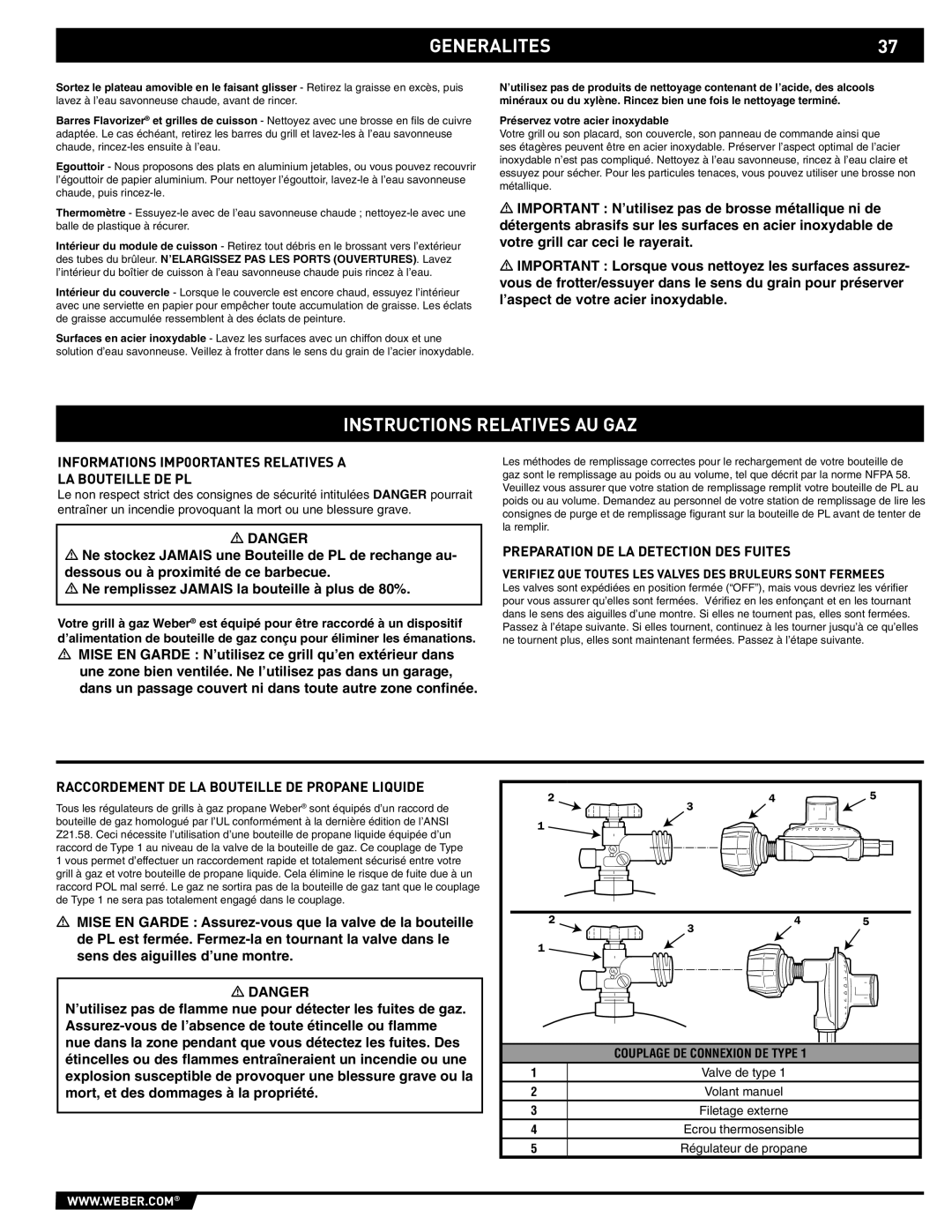 Weber E/S-320 manual GENERALITES37, Instructions Relatives AU GAZ, Informations IMP0ORTANTES Relatives a LA Bouteille DE PL 