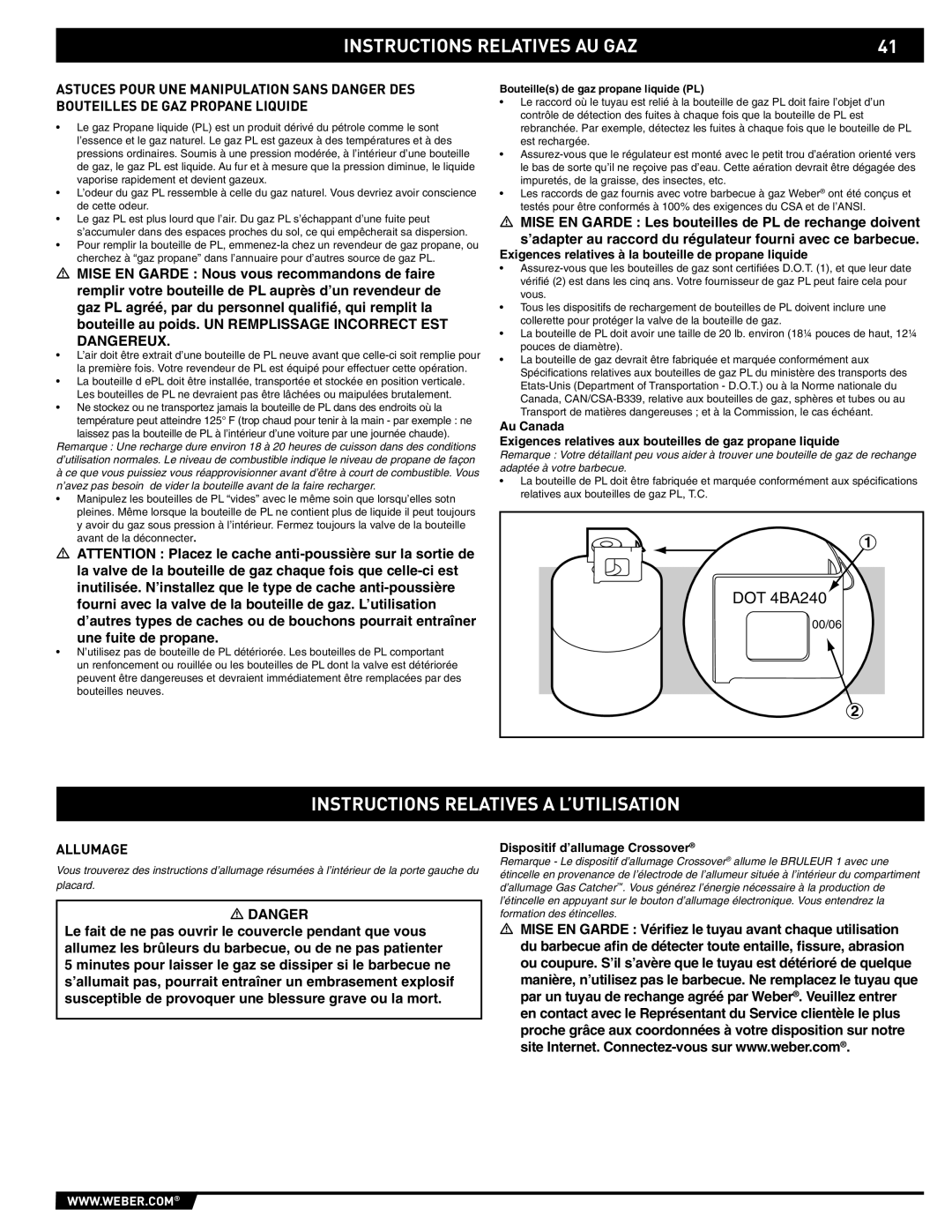 Weber E/S-320 manual Instructions Relatives a L’UTILISATION, Allumage, Bouteilles de gaz propane liquide PL 