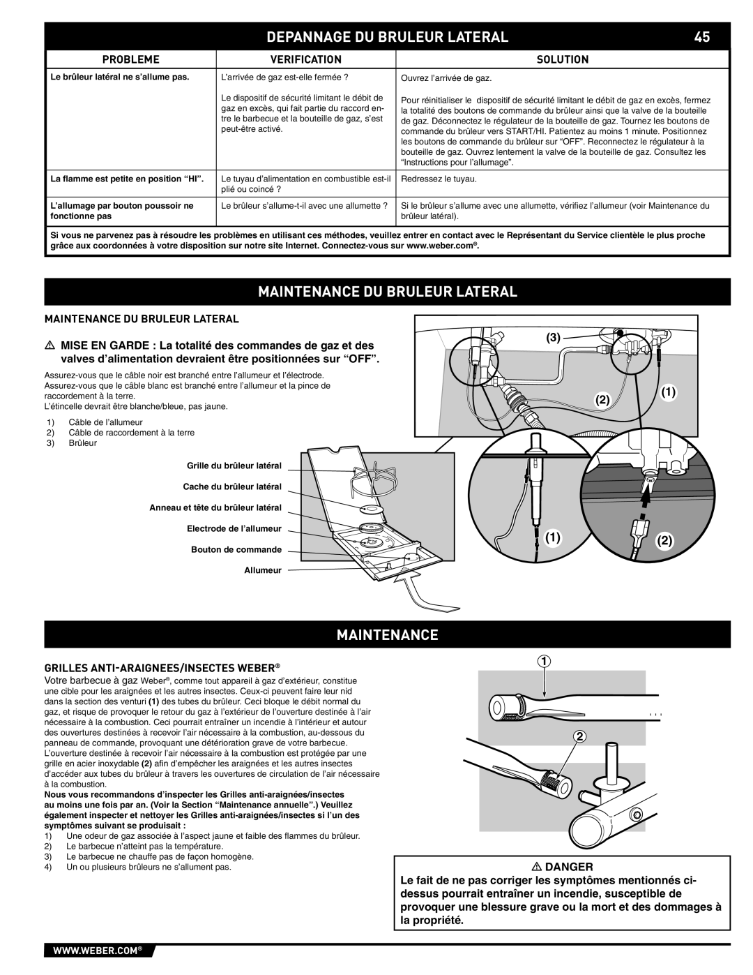 Weber E/S-320 manual Depannage DU Bruleur Lateral, Maintenance DU Bruleur Lateral, Probleme Verification 