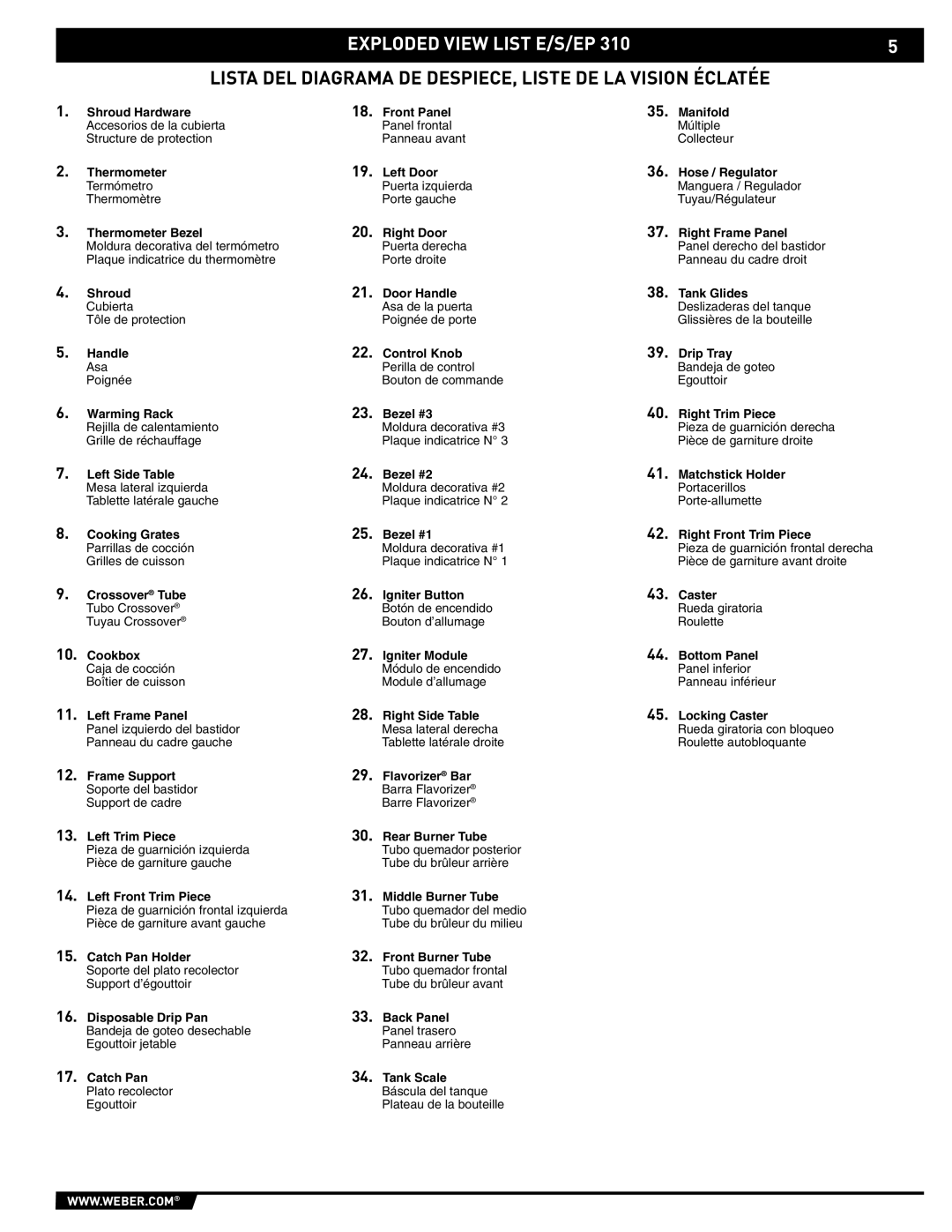 Weber E/S-320 manual Exploded View List E/S/EP, Lista DEL Diagrama DE DESPIECE, Liste DE LA Vision Éclatée 