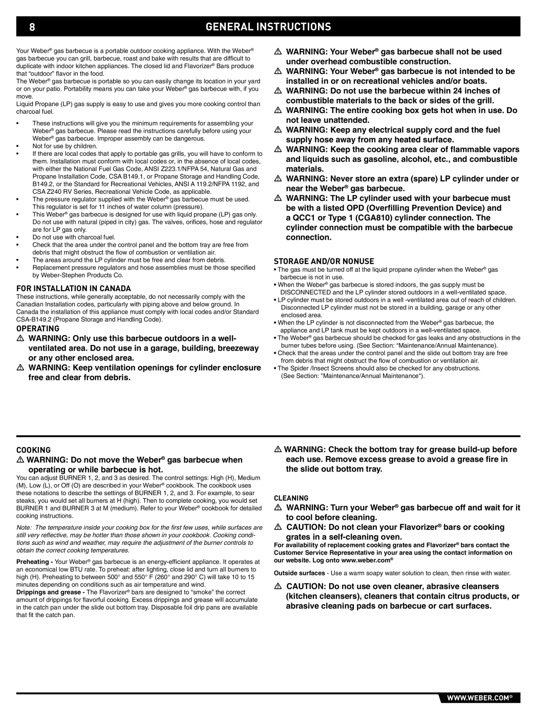 Weber E/S-320 manual General Instructions, For Installation in Canada, Operating Storage AND/OR Nonuse, Cooking, Cleaning 