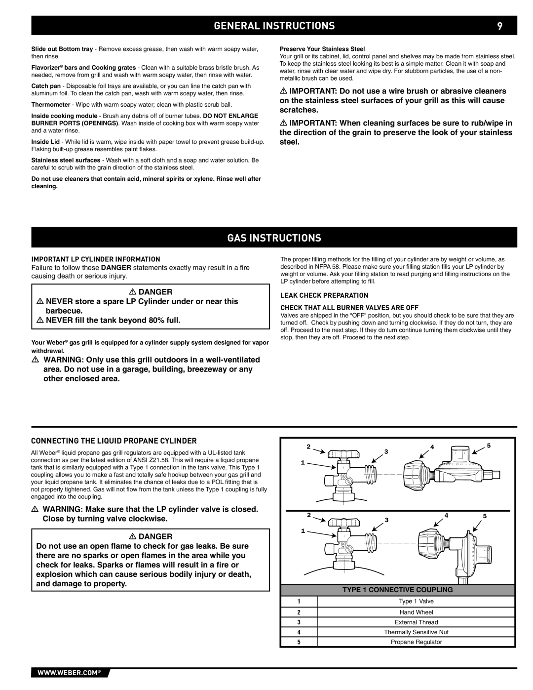 Weber E/S-320 manual GAS Instructions, Connecting the Liquid Propane Cylinder, Important LP Cylinder Information 