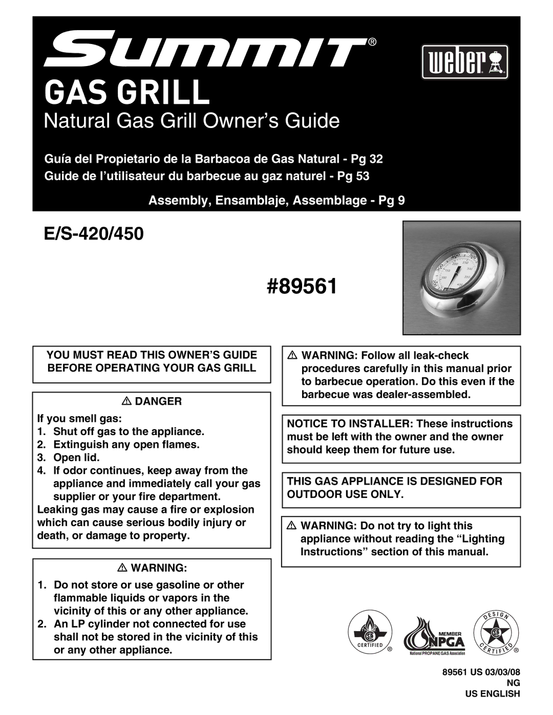 Weber E/S-420 manual GAS Grill 