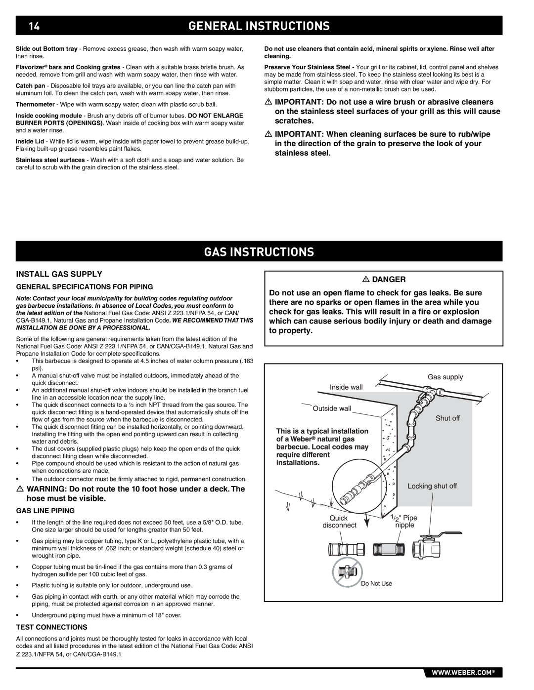 Weber E/S-420 GAS Instructions, Install GAS Supply, General Specifications for Piping, GAS Line Piping, Test Connections 