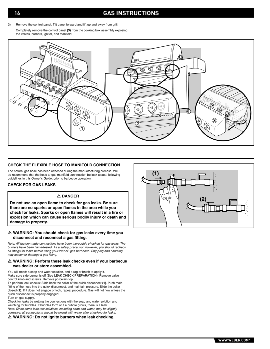 Weber E/S-420 manual Check the Flexible Hose to Manifold Connection, Check for GAS Leaks 