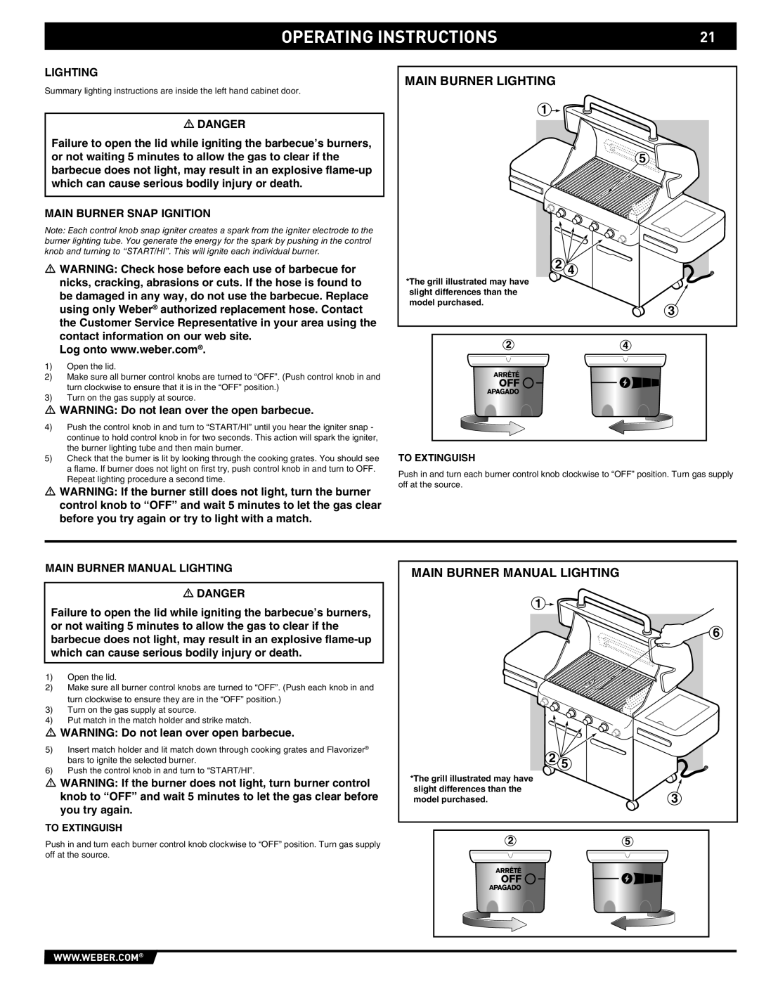 Weber E/S-420 manual Main Burner Snap Ignition, Main Burner Manual Lighting, To Extinguish 