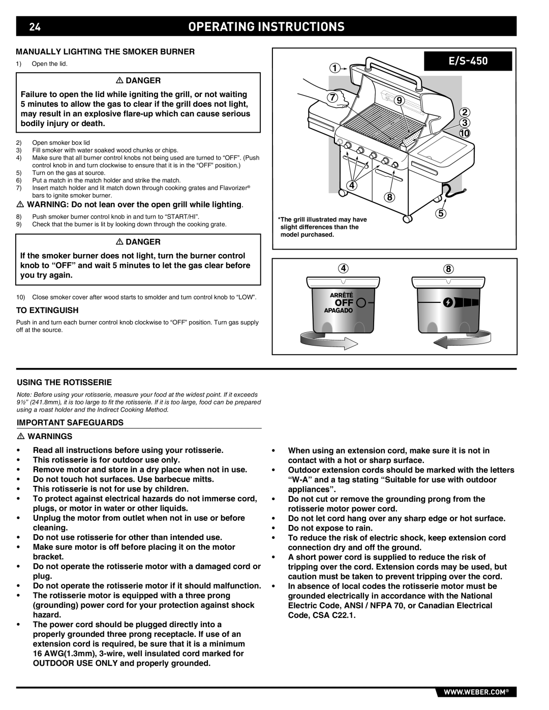 Weber E/S-420 manual Manually Lighting the Smoker Burner, Using the Rotisserie Important Safeguards 