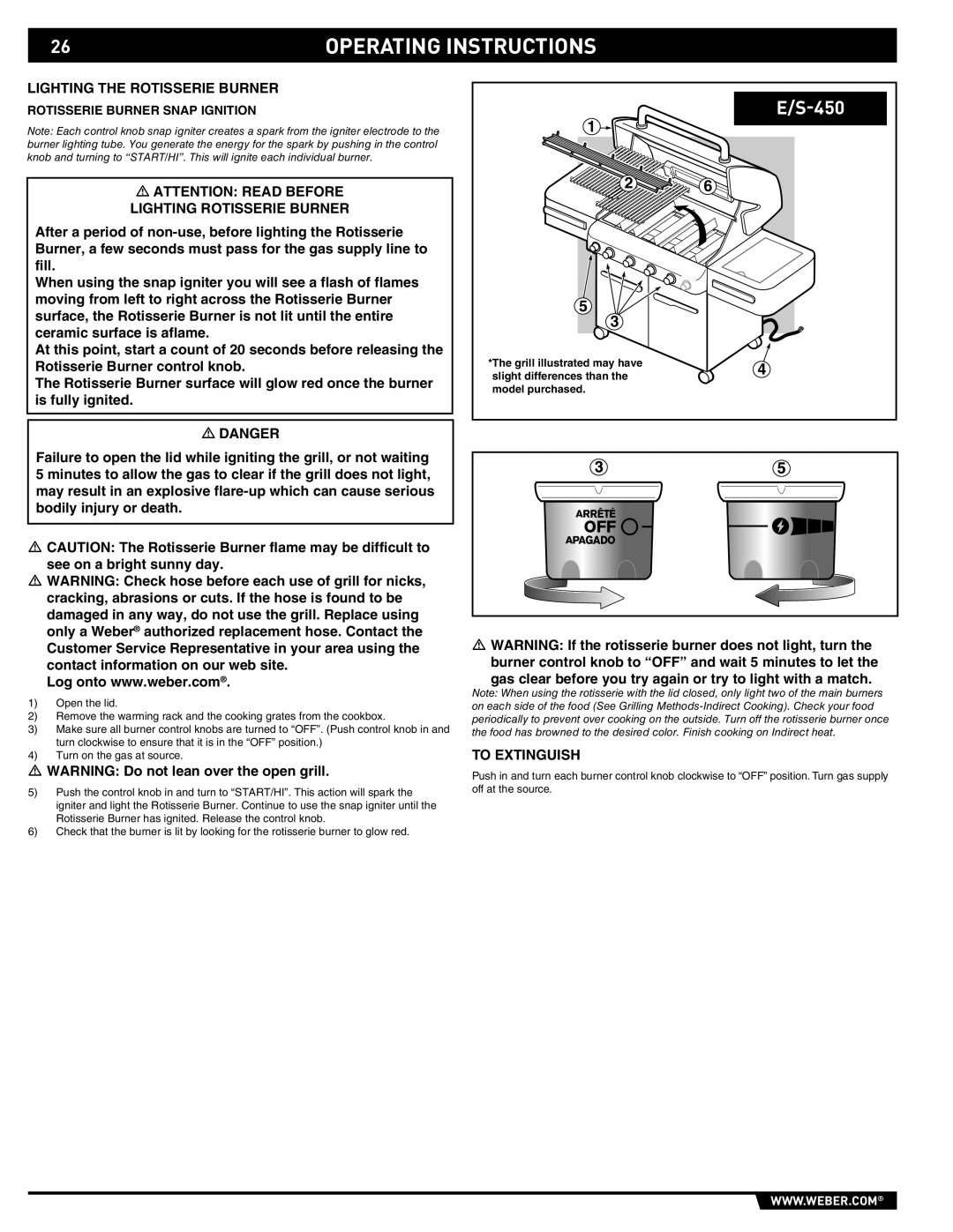 Weber E/S-420 manual Lighting the Rotisserie Burner, Lighting Rotisserie Burner, Rotisserie Burner Snap Ignition 