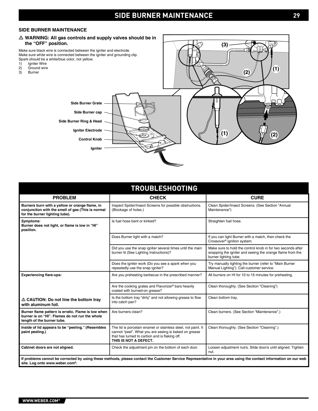 Weber E/S-420 manual Side Burner Maintenance, Troubleshooting 