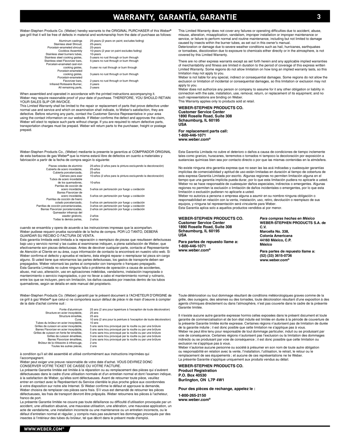 Weber E/S-420 manual WARRANTY, GARANTÍA, Garantie, Customer Service Center Roselle Road, Suite Schaumburg, IL 