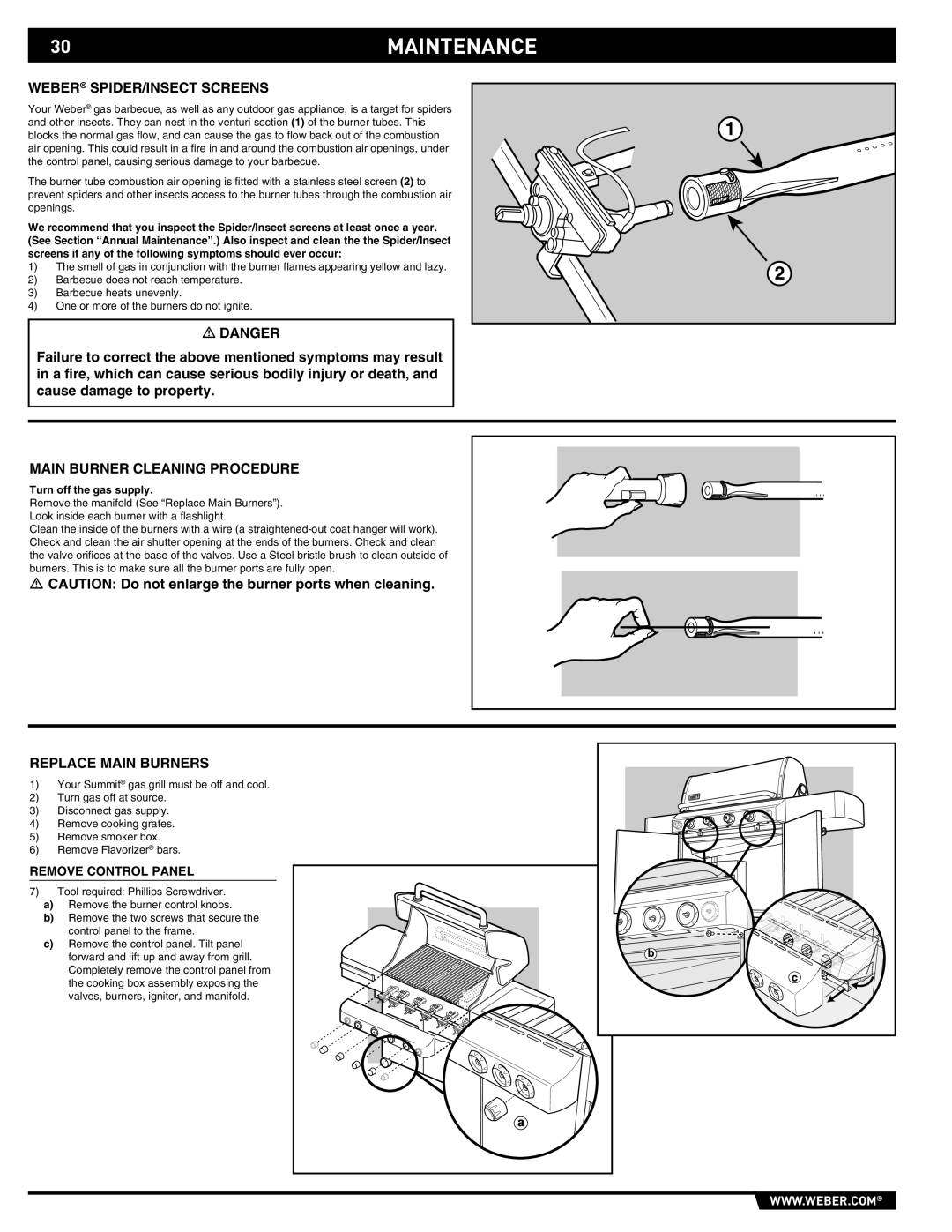 Weber E/S-420 manual 30MAINTENANCE, Weber SPIDER/INSECT Screens, Main Burner Cleaning Procedure, Replace Main Burners 