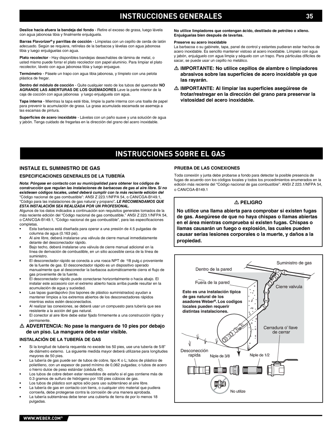 Weber E/S-420 manual Instrucciones Sobre EL GAS, Instale EL Suministro DE GAS, Especificaciones Generales DE LA Tubería 