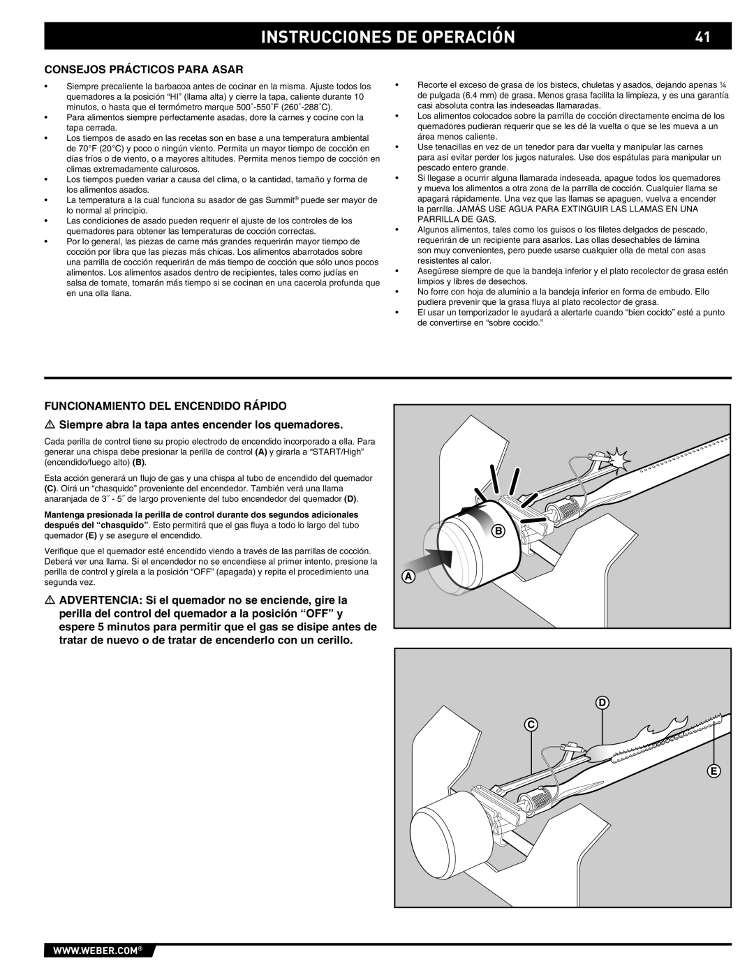 Weber E/S-420 manual Consejos Prácticos Para Asar, Funcionamiento DEL Encendido Rápido 