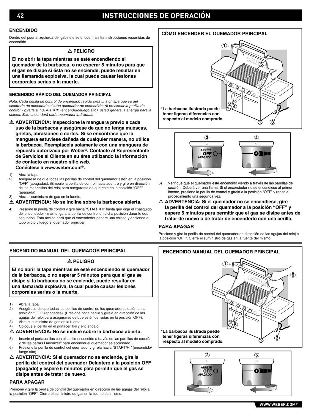 Weber E/S-420 manual Peligro Cómo Encender EL Quemador Principal, Para Apagar, Encendido Manual DEL Quemador Principal 