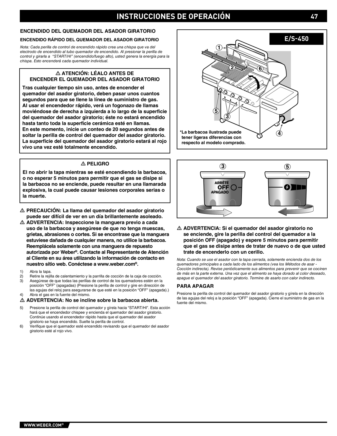 Weber E/S-420 manual Encendido DEL Quemador DEL Asador Giratorio, Encendido Rápido DEL Quemador DEL Asador Giratorio 