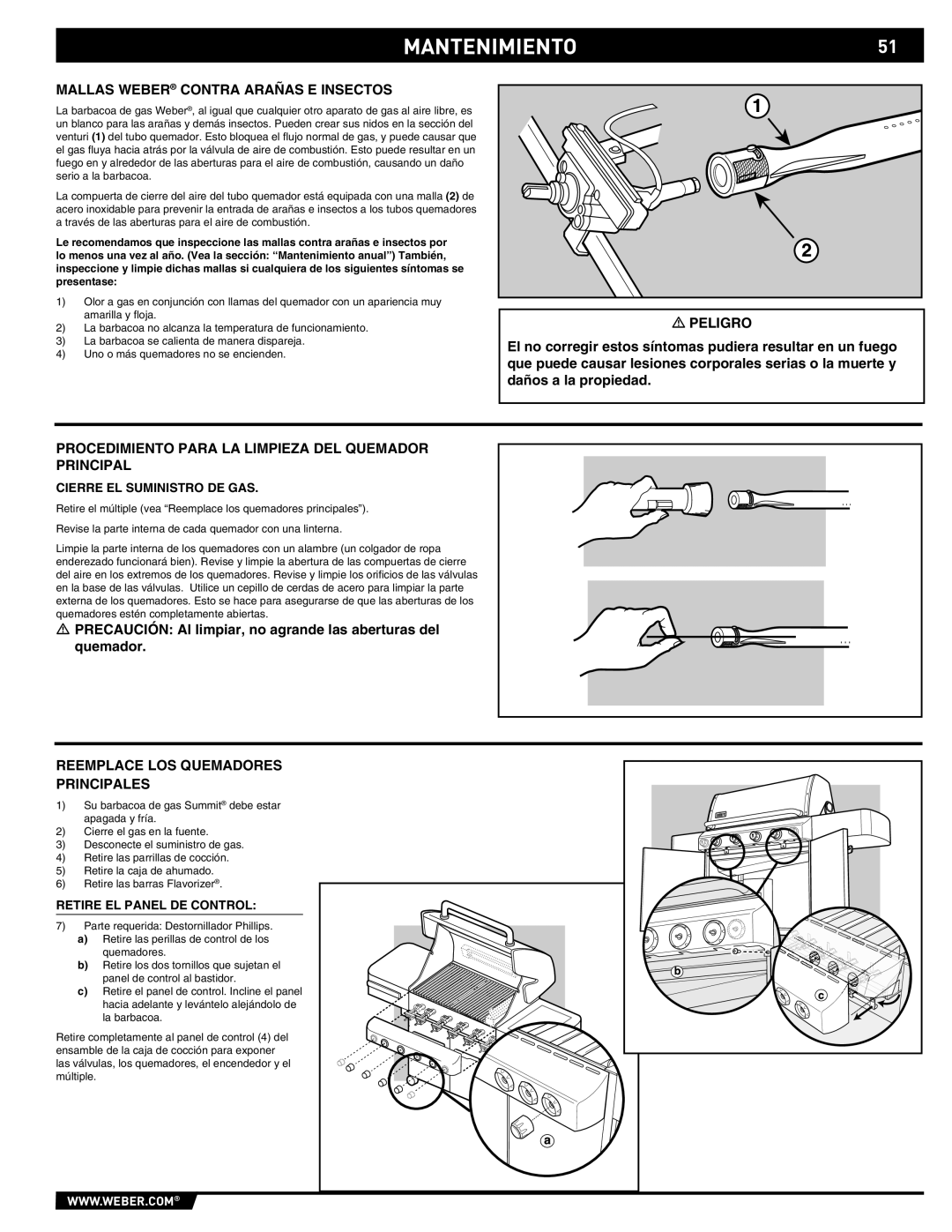 Weber E/S-420 manual MANTENIMIENTO51, Mallas Weber Contra Arañas E Insectos, Reemplace LOS Quemadores Principales 