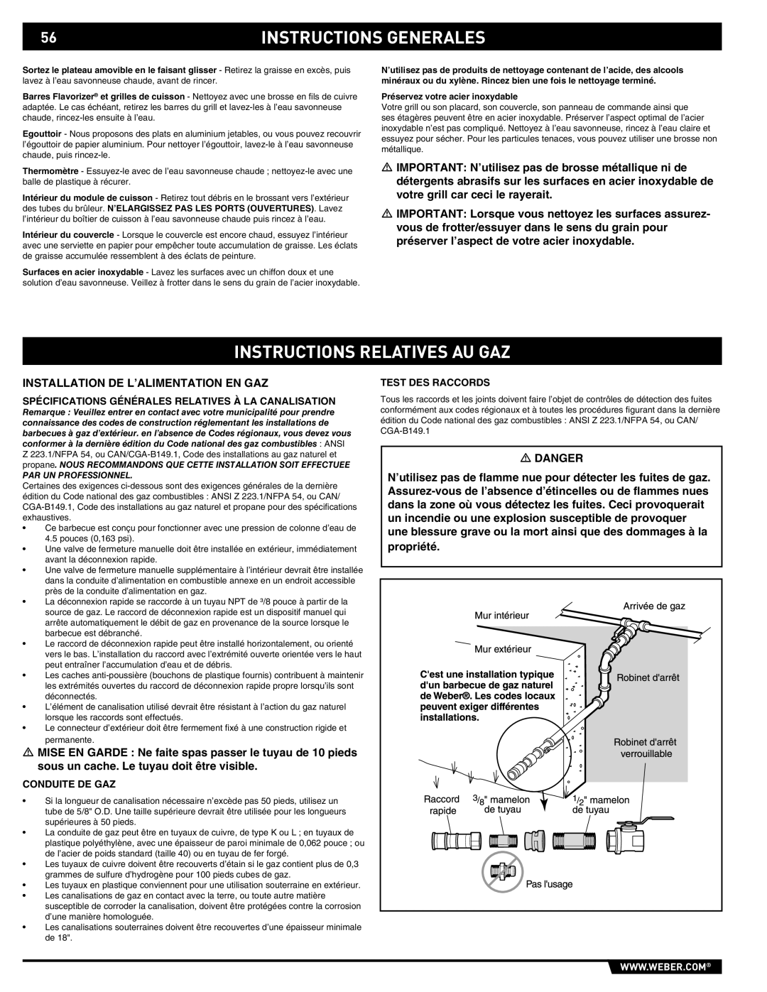 Weber E/S-420 Instructions Relatives AU GAZ, Installation DE L’ALIMENTATION EN GAZ, Conduite DE GAZ, Test DES Raccords 