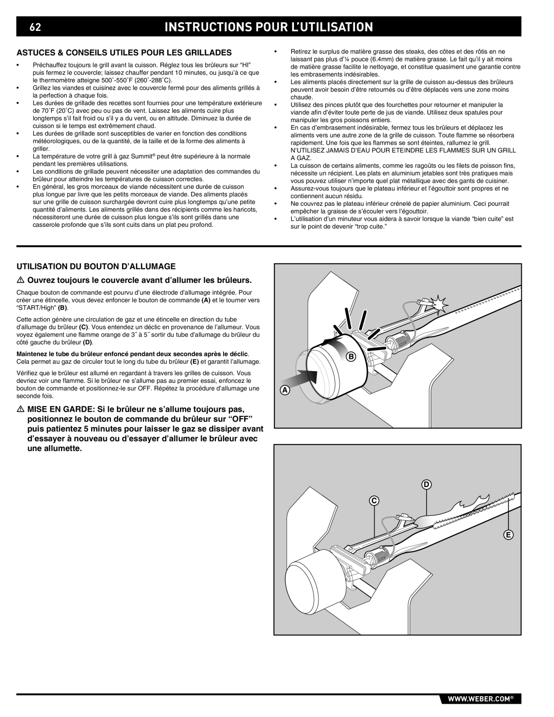 Weber E/S-420 manual Astuces & Conseils Utiles Pour LES Grillades, Utilisation DU Bouton D’ALLUMAGE 