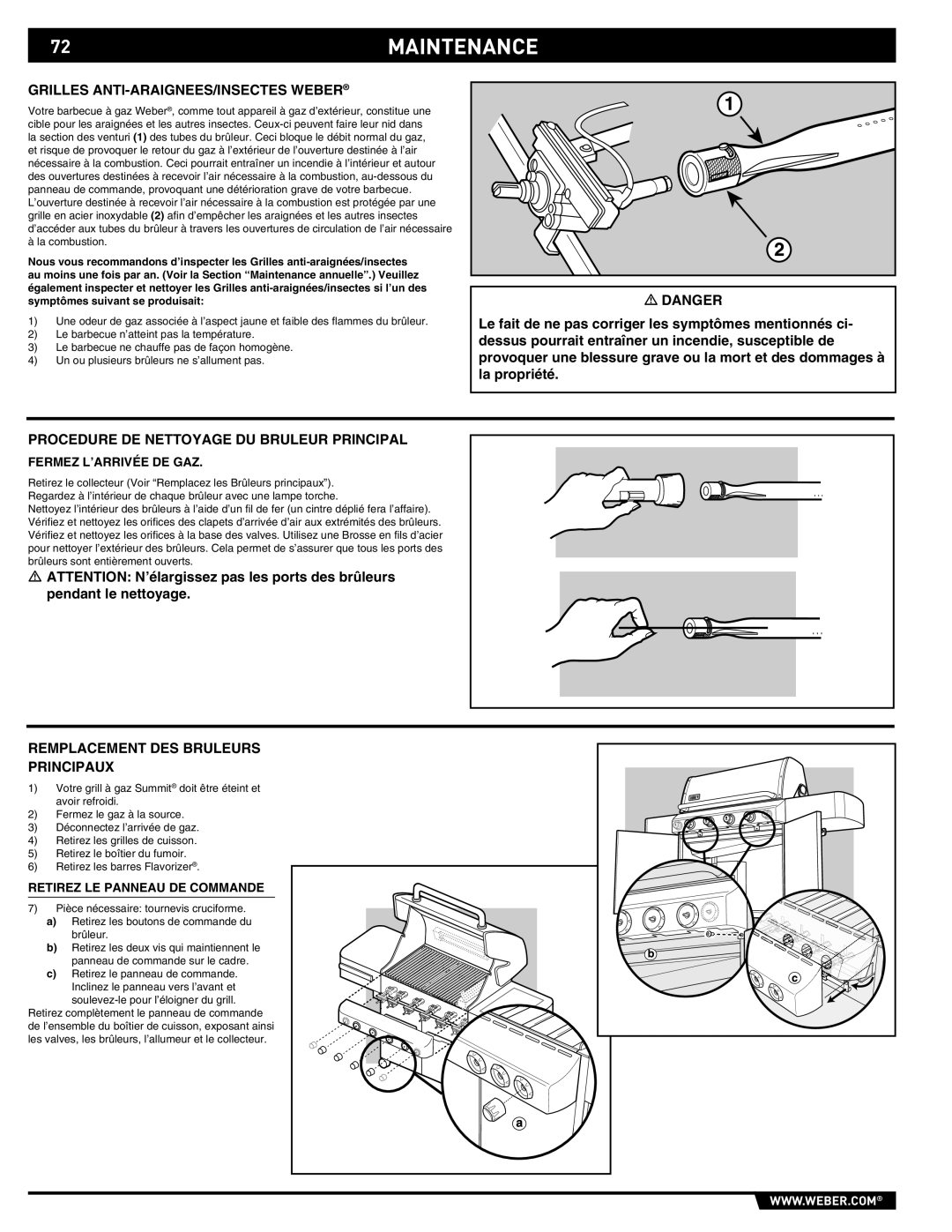 Weber E/S-420 manual 72MAINTENANCE, Grilles ANTI-ARAIGNEES/INSECTES Weber, Procedure DE Nettoyage DU Bruleur Principal 