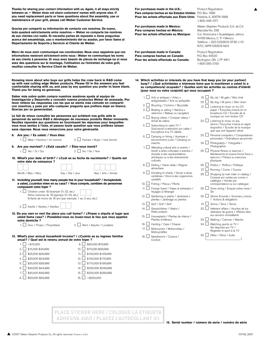 Weber E/S-420 manual For purchases made in the U.S, Pour les achats effectués aux États-Unis, For purchases made in Mexico 