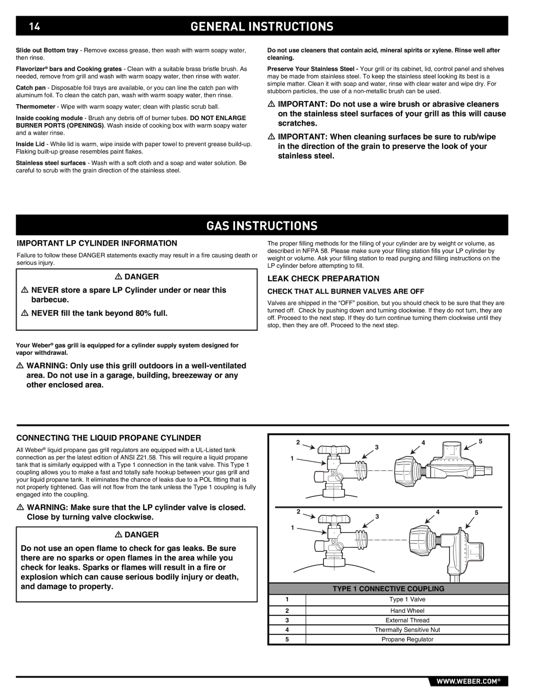 Weber E/S-450 manual GAS Instructions, Important LP Cylinder Information, Leak Check Preparation 