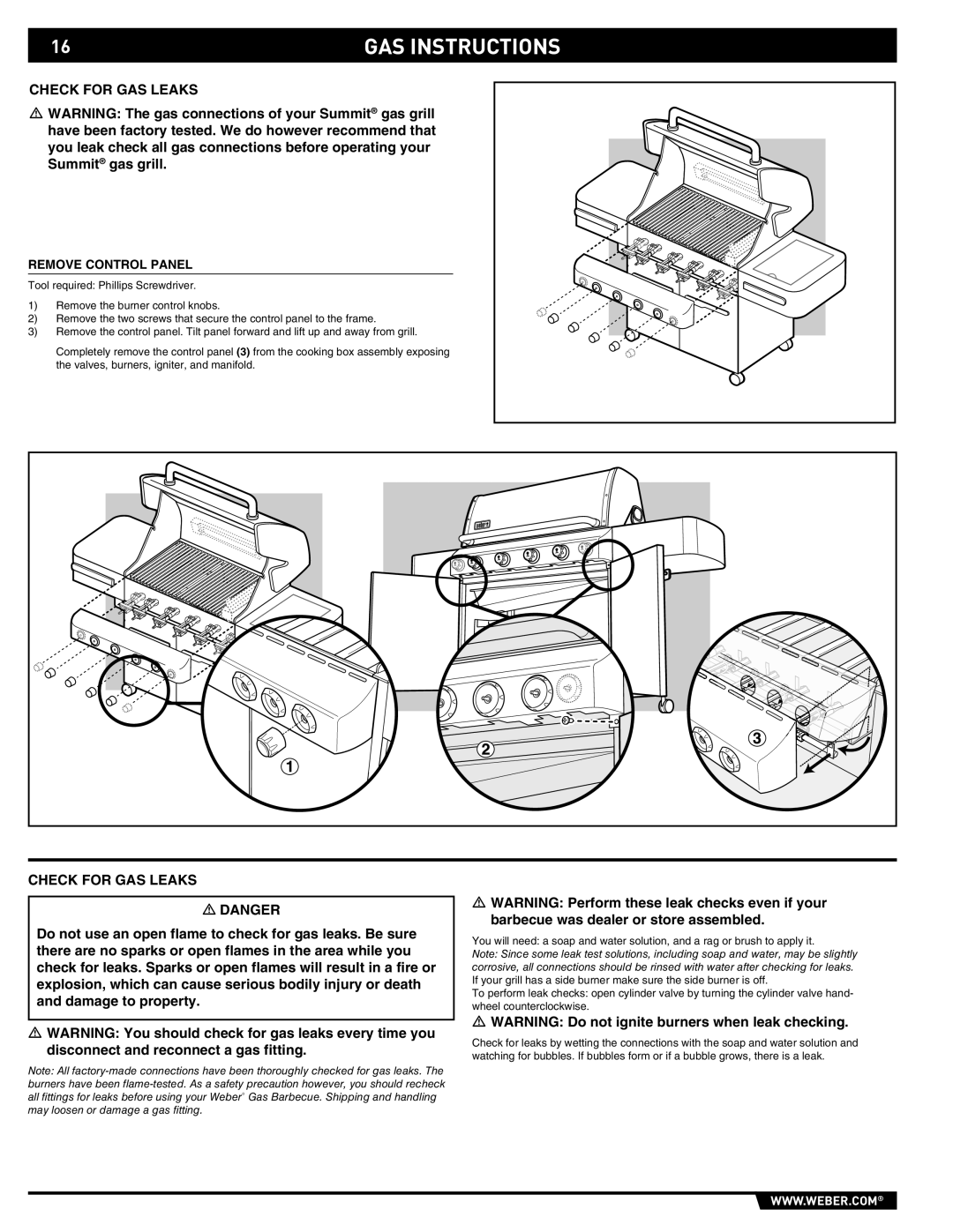 Weber E/S-450 manual Check for GAS Leaks, Remove Control Panel 