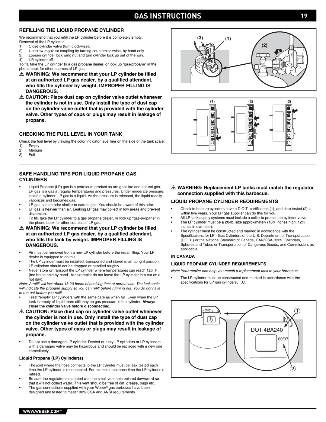 Weber E/S-450 manual Refilling the Liquid Propane Cylinder, Checking the Fuel Level in Your Tank 