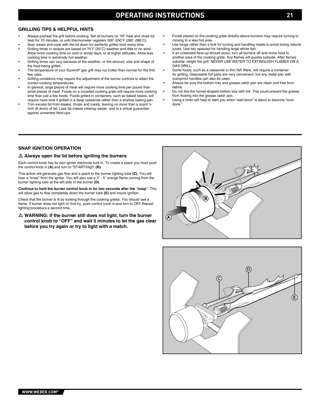 Weber E/S-450 manual Grilling Tips & Helpful Hints, Snap Ignition Operation 