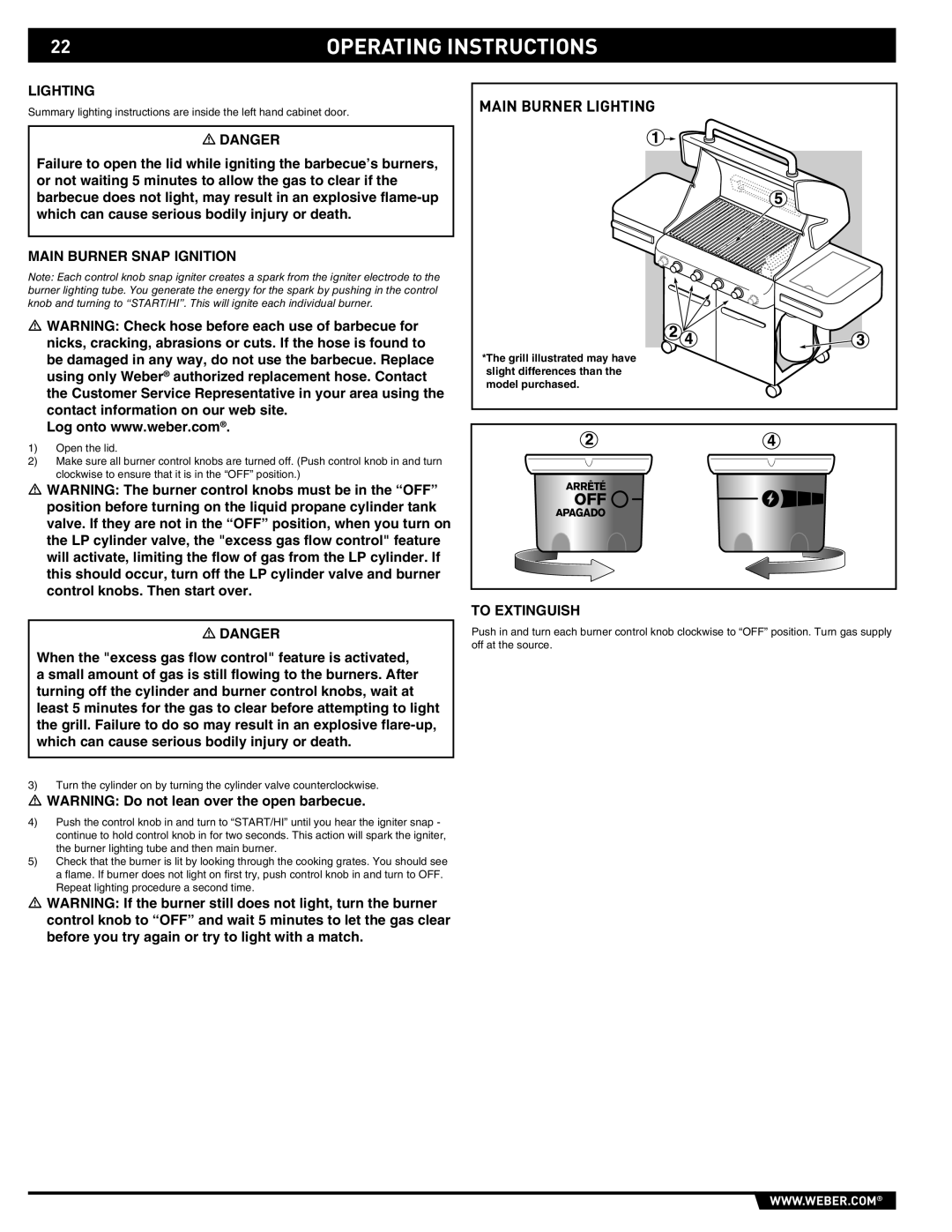 Weber E/S-450 manual Lighting, Main Burner Snap Ignition, To Extinguish 