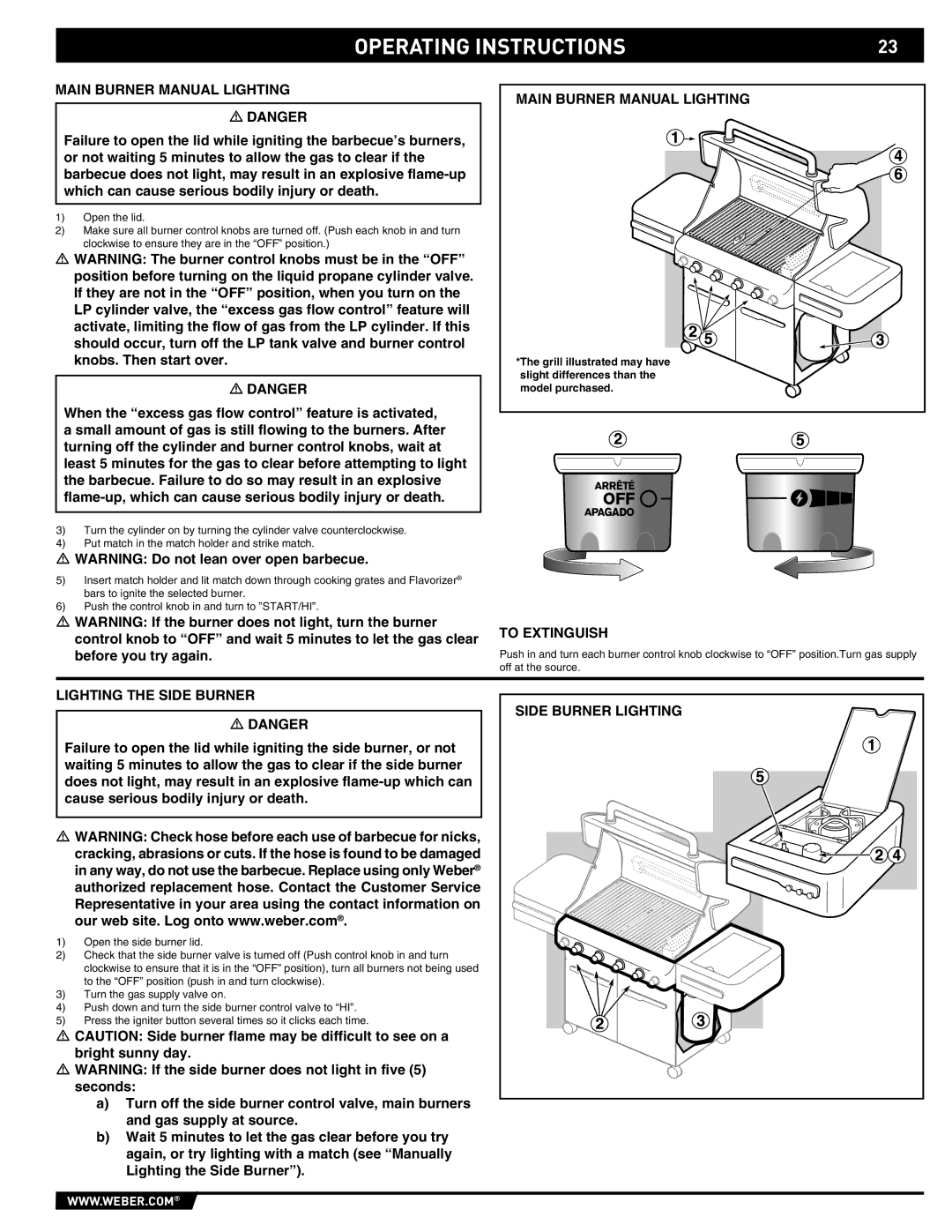 Weber E/S-450 manual Main Burner Manual Lighting, Lighting the Side Burner, Side Burner Lighting 