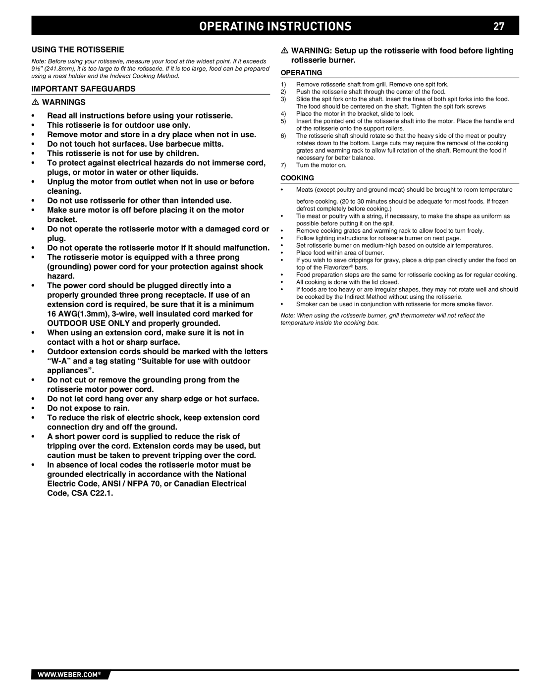 Weber E/S-450 manual Using the Rotisserie Important Safeguards, Operating, Cooking 