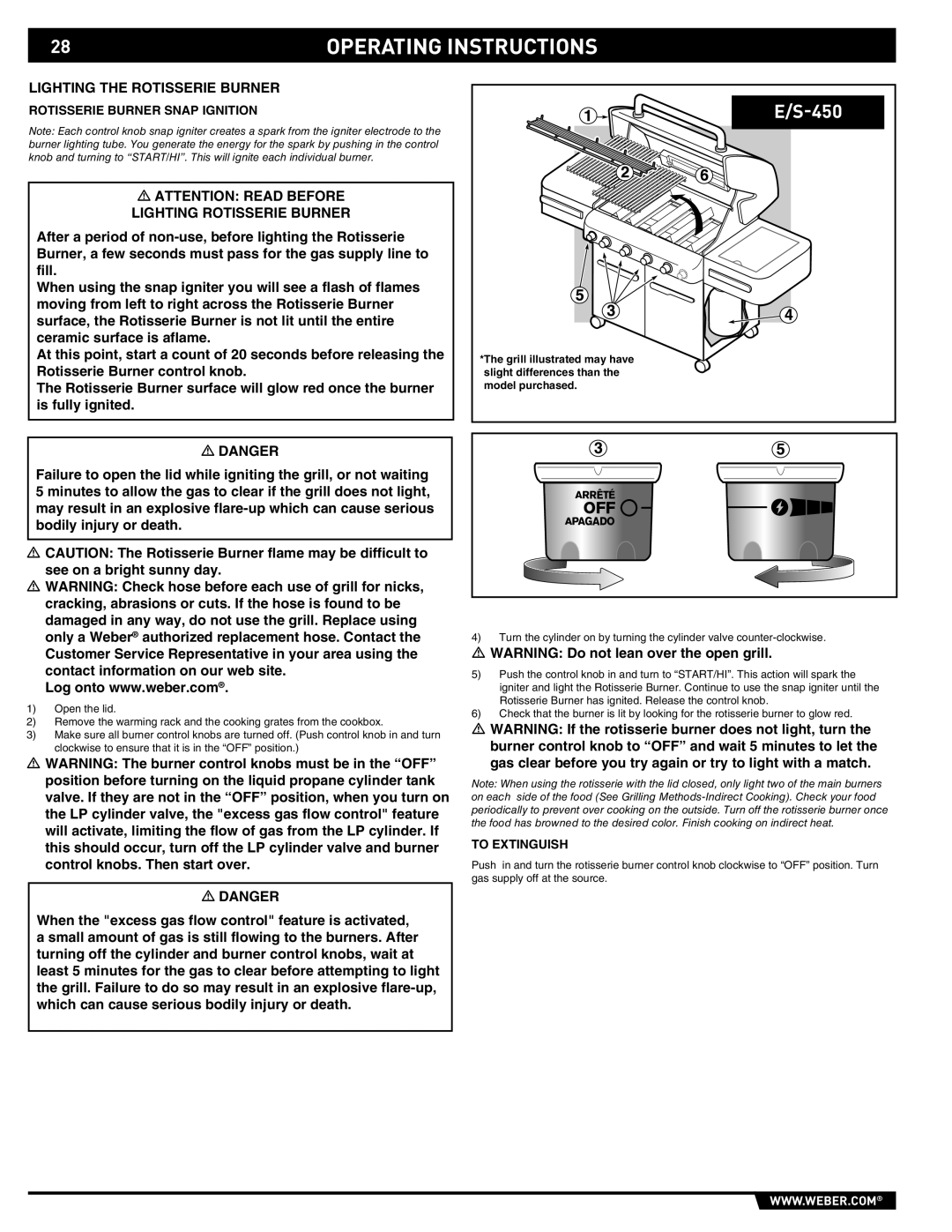 Weber E/S-450 Lighting the Rotisserie Burner, Lighting Rotisserie Burner, Rotisserie Burner Snap Ignition, To Extinguish 