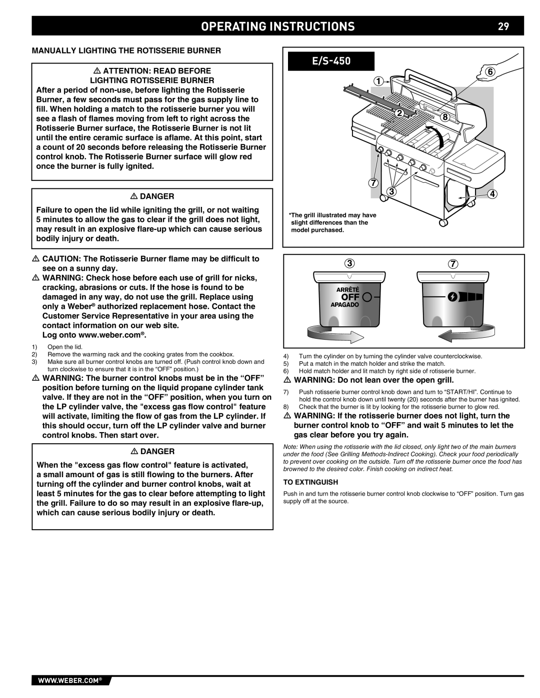 Weber E/S-450 manual Manually Lighting the Rotisserie Burner 