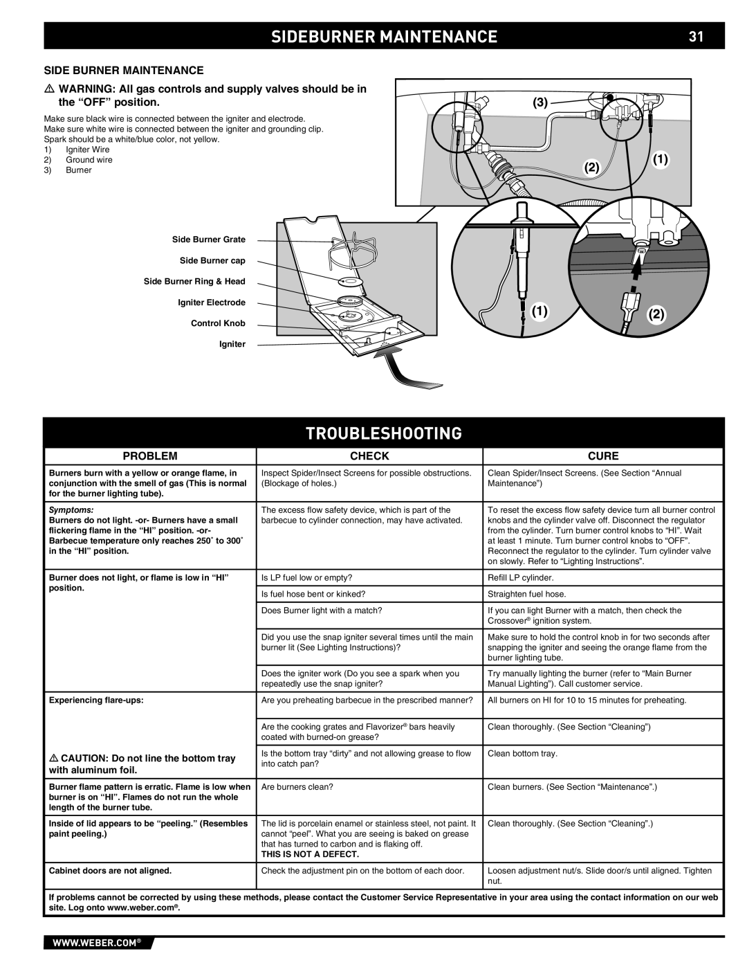 Weber E/S-450 manual Sideburner Maintenance, Troubleshooting, Side Burner Maintenance 