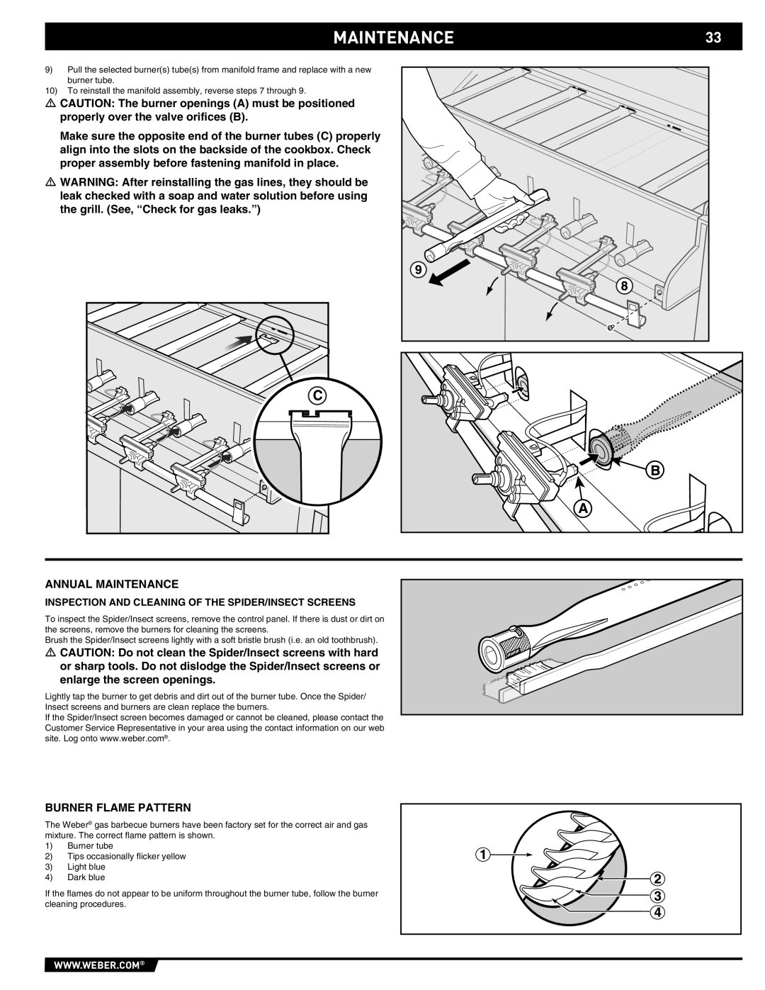 Weber E/S-450 manual MAINTENANCE33, Annual Maintenance, Burner Flame Pattern 