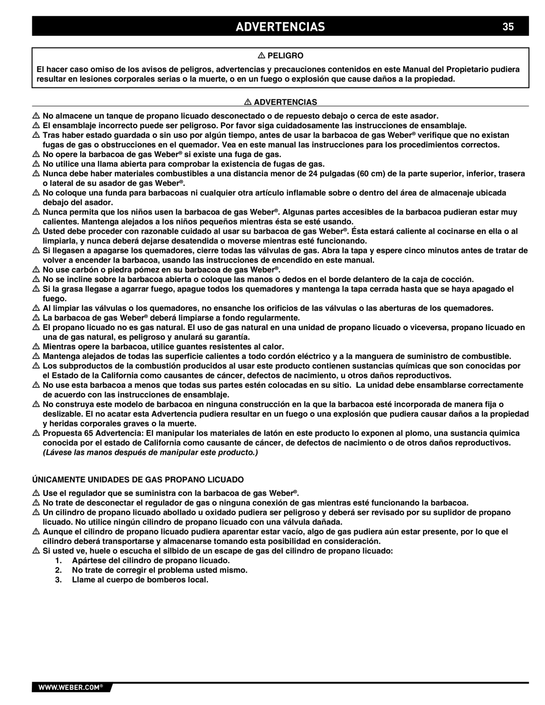 Weber E/S-450 manual ADVERTENCIAS35, Peligro, Advertencias, Únicamente Unidades DE GAS Propano Licuado 