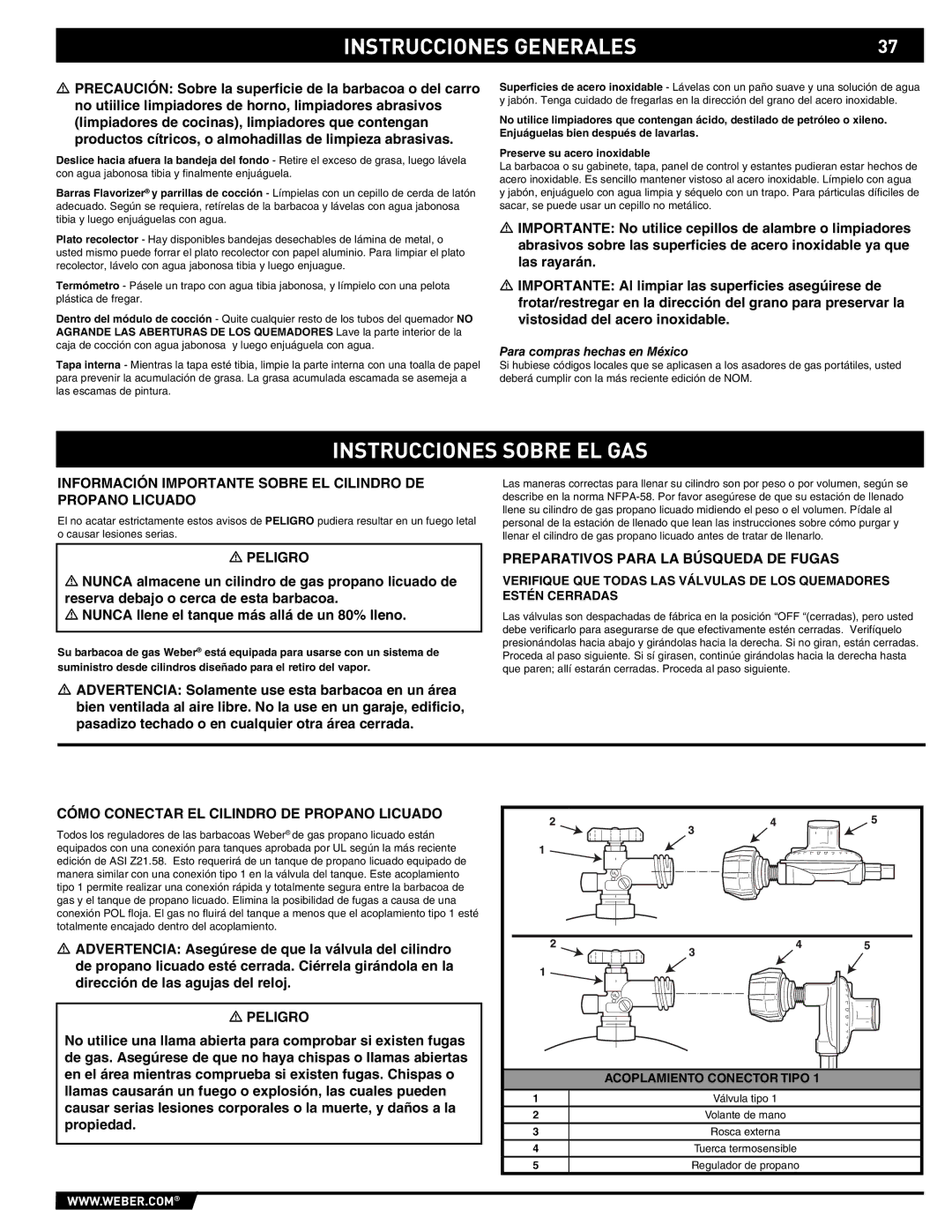 Weber E/S-450 manual Instrucciones Sobre EL GAS, Información Importante Sobre EL Cilindro DE Propano Licuado 