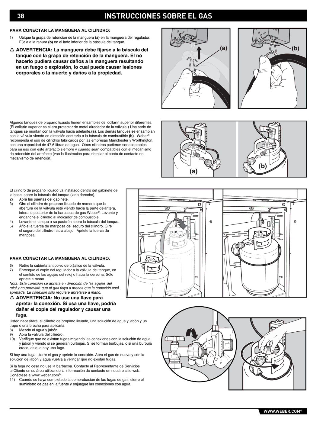 Weber E/S-450 manual Instrucciones Sobre EL GAS, Para Conectar LA Manguera AL Cilindro 