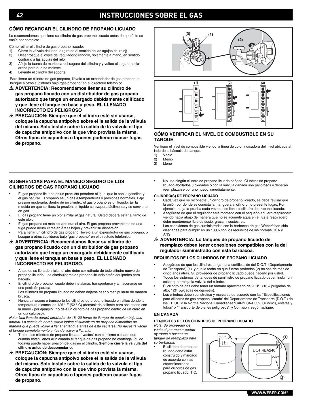 Weber E/S-450 Cómo Recargar EL Cilindro DE Propano Licuado, Cómo Verificar EL Nivel DE Combustible EN SU Tanque, EN Canadá 