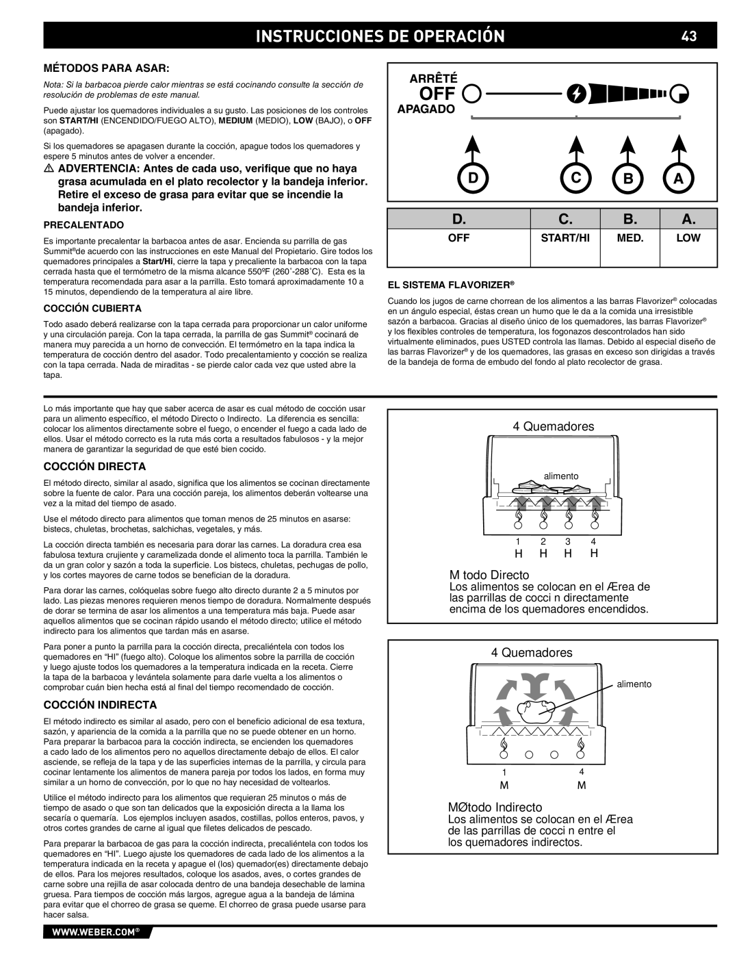 Weber E/S-450 manual Instrucciones DE Operación, Métodos Para Asar, Cocción Directa, Cocción Indirecta 