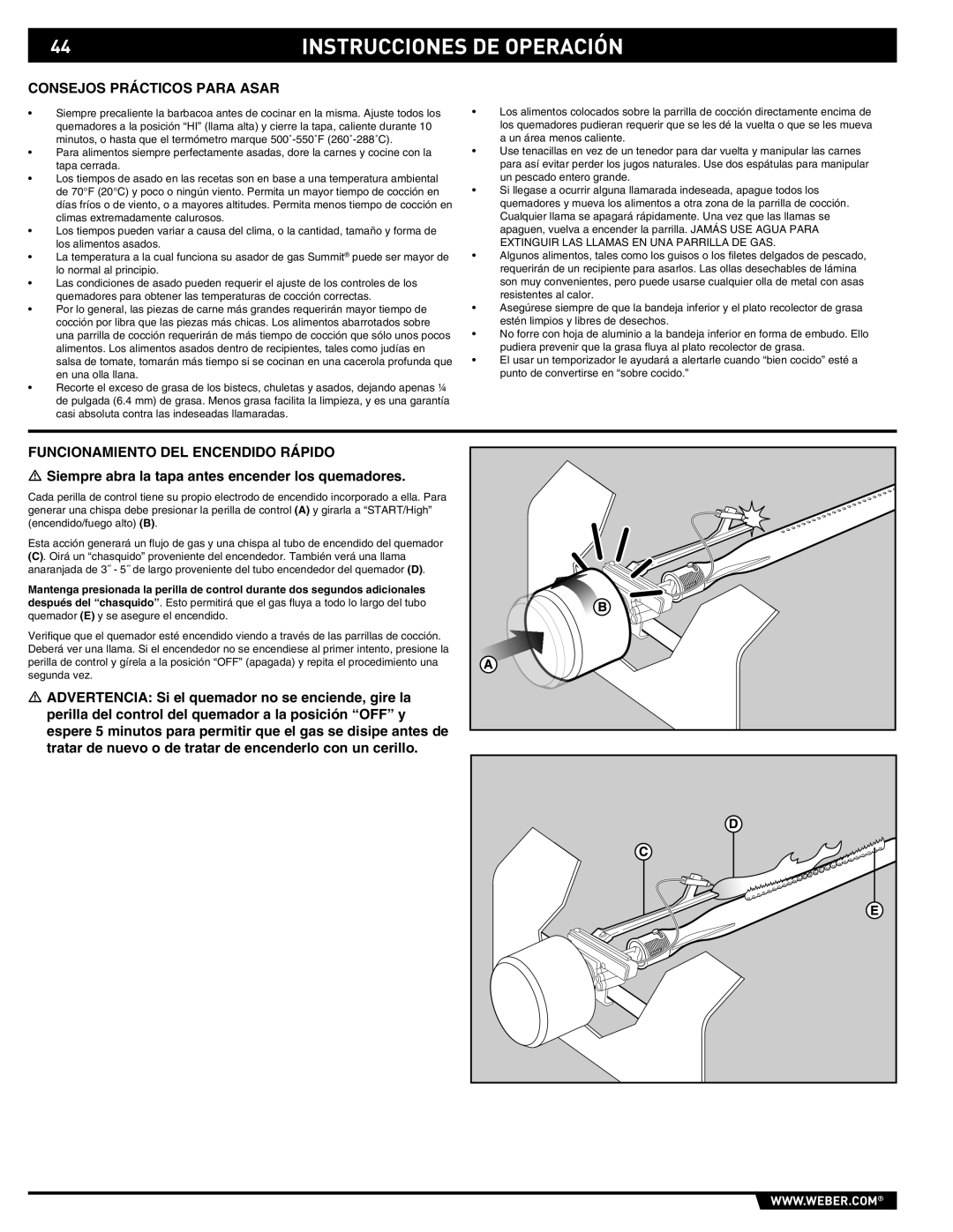 Weber E/S-450 manual Consejos Prácticos Para Asar, Funcionamiento DEL Encendido Rápido 