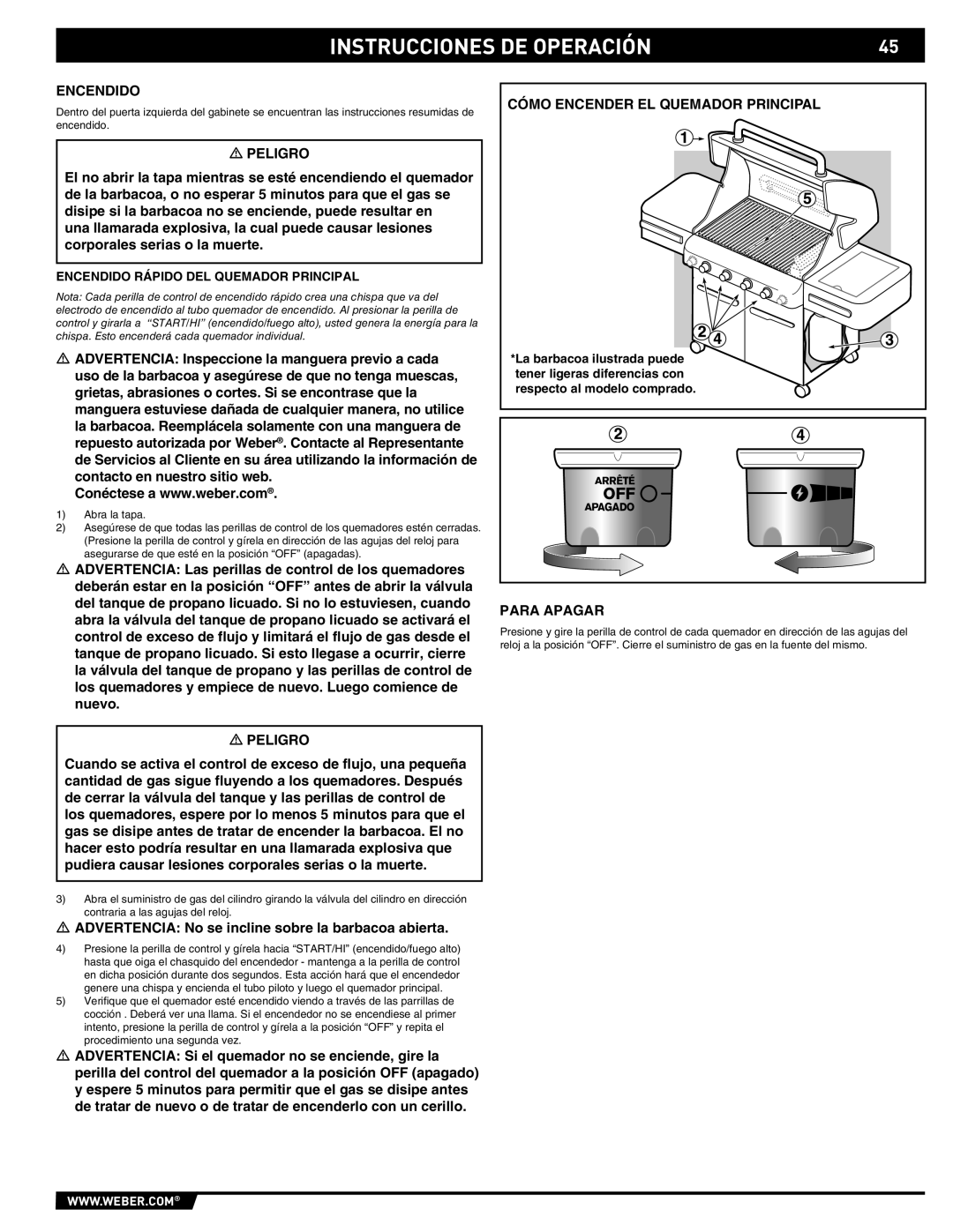 Weber E/S-450 manual Cómo Encender EL Quemador Principal, Para Apagar, Encendido Rápido DEL Quemador Principal 