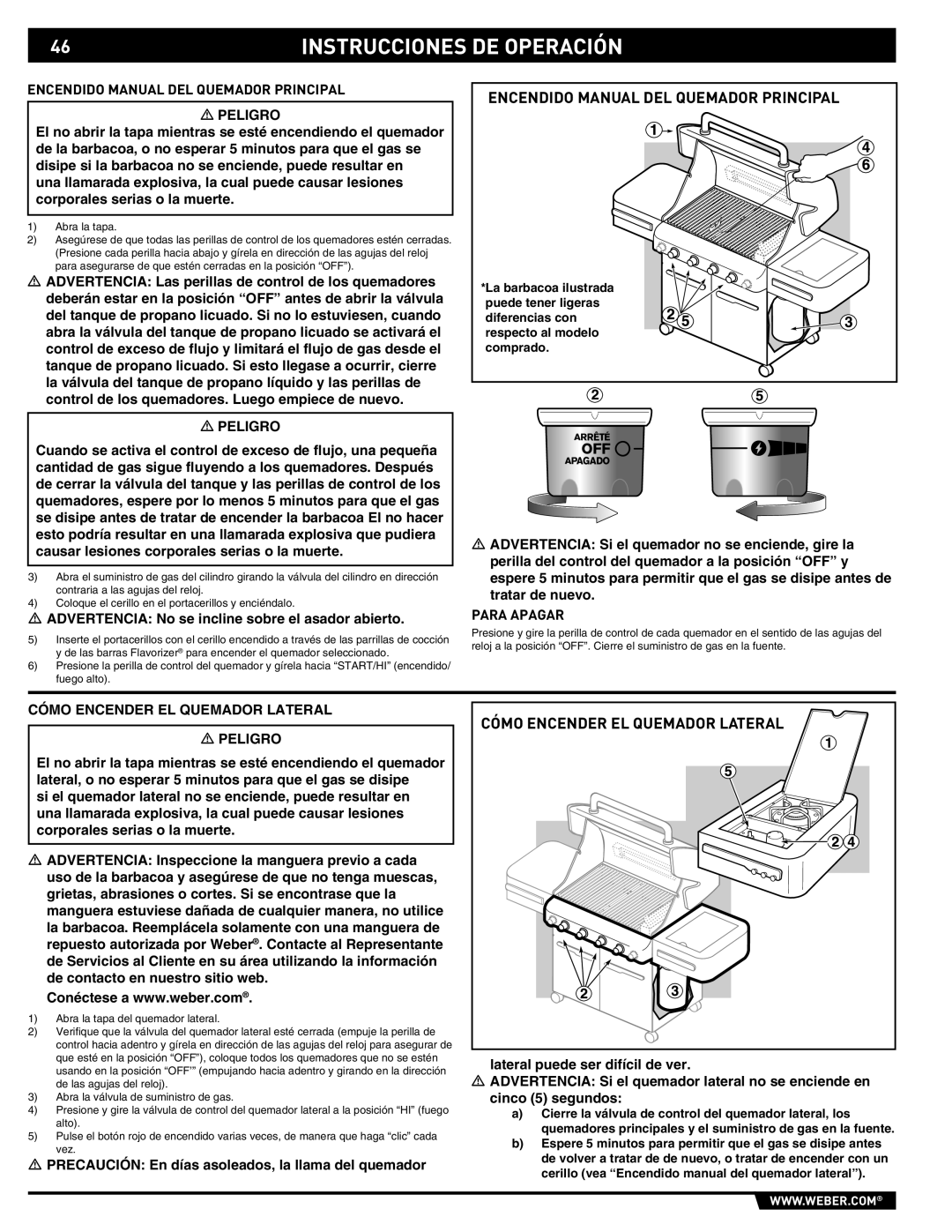 Weber E/S-450 manual Encendido Manual DEL Quemador Principal, Cómo Encender EL Quemador Lateral Peligro 