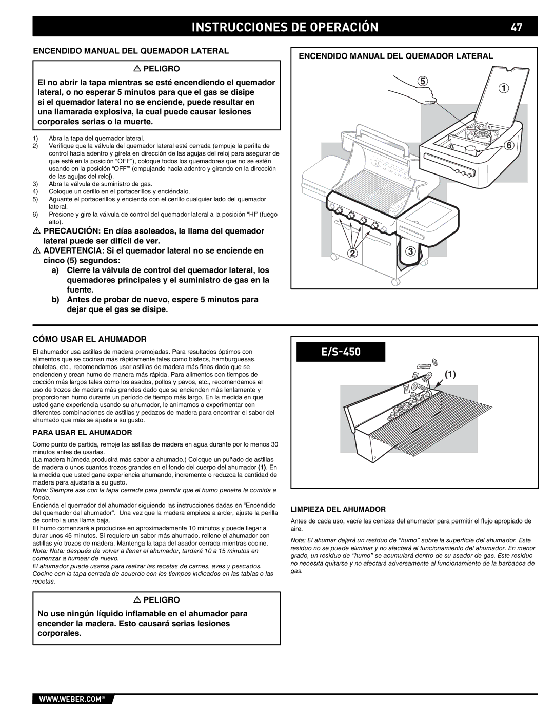 Weber E/S-450 manual Encendido Manual DEL Quemador Lateral Peligro, Cómo Usar EL Ahumador, Para Usar EL Ahumador 