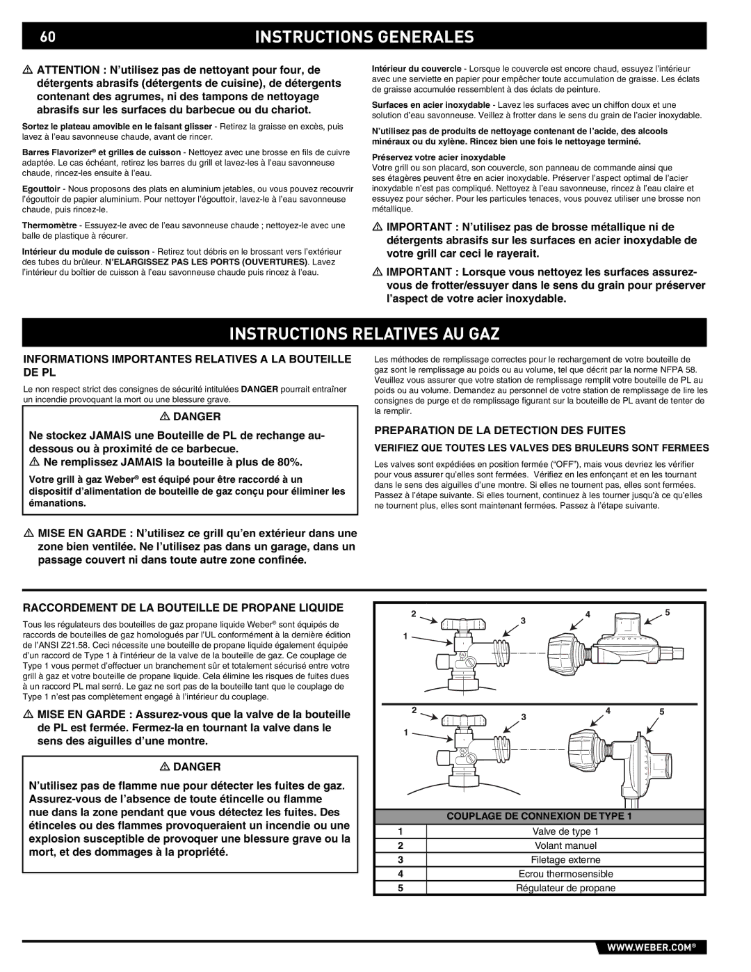 Weber E/S-450 manual Instructions Relatives AU GAZ, Informations Importantes Relatives a LA Bouteille DE PL 