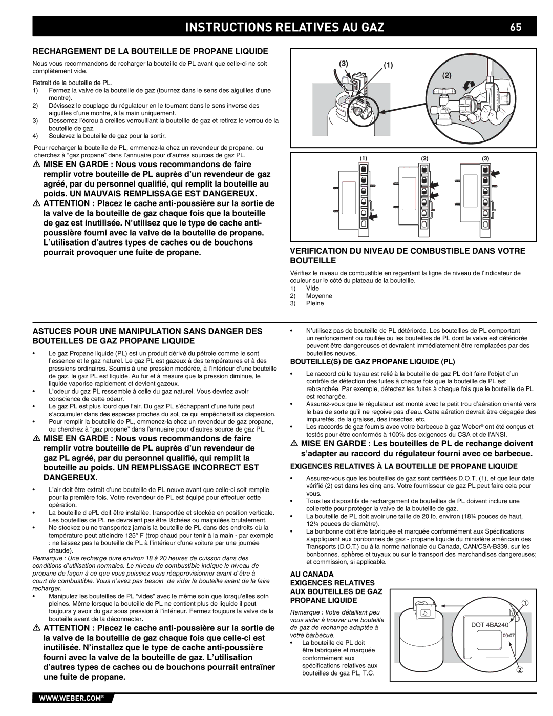 Weber E/S-450 manual Rechargement DE LA Bouteille DE Propane Liquide, Verification DU Niveau DE Combustible Dans Votre 