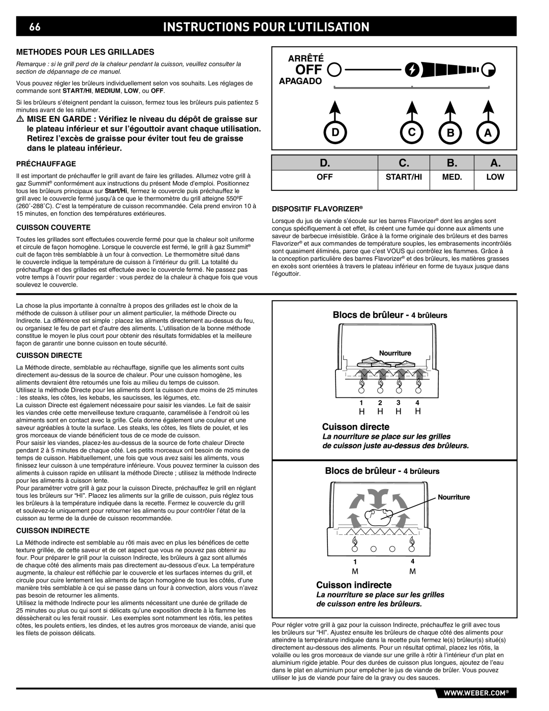 Weber E/S-450 manual Instructions Pour L’UTILISATION, Préchauffage, Dispositif Flavorizer Cuisson Couverte, Cuisson Directe 