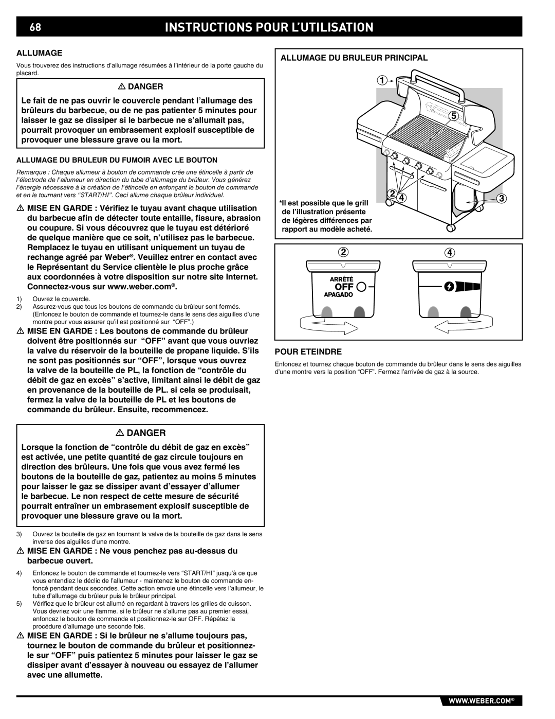 Weber E/S-450 manual Allumage DU Bruleur Principal, Pour Eteindre, Allumage DU Bruleur DU Fumoir Avec LE Bouton 